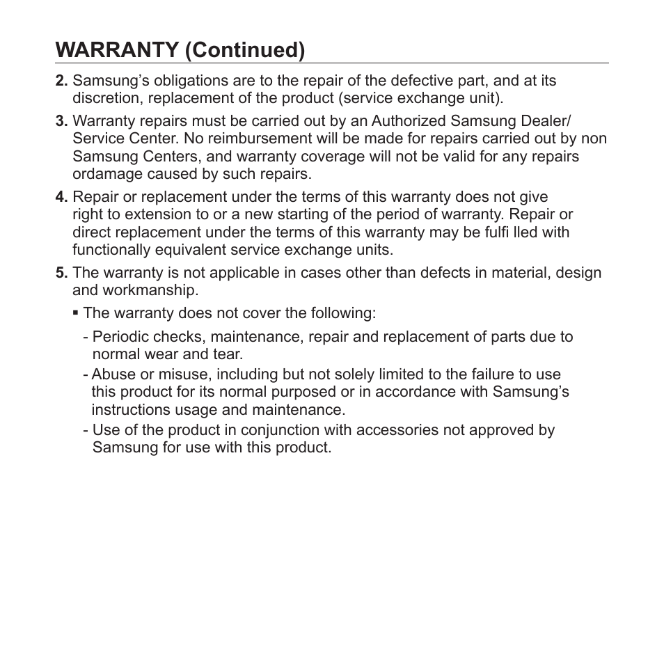 Warranty (continued) | Samsung YP-S2QU-XAA User Manual | Page 34 / 38