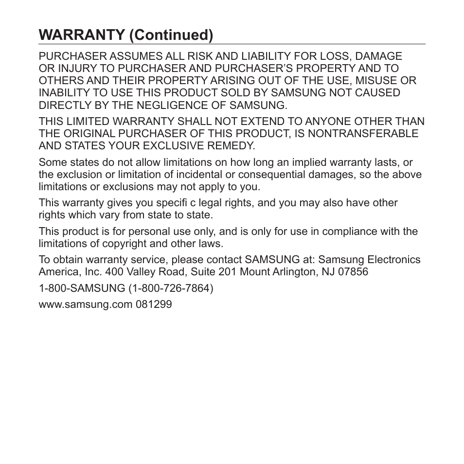 Warranty (continued) | Samsung YP-S2QU-XAA User Manual | Page 37 / 38