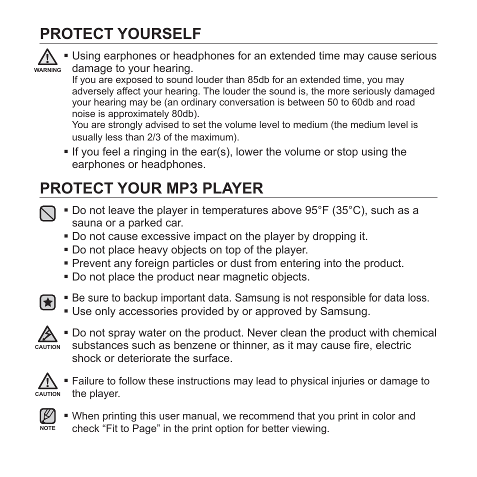 Protect yourself, Protect your mp3 player | Samsung YP-S2QU-XAA User Manual | Page 5 / 38