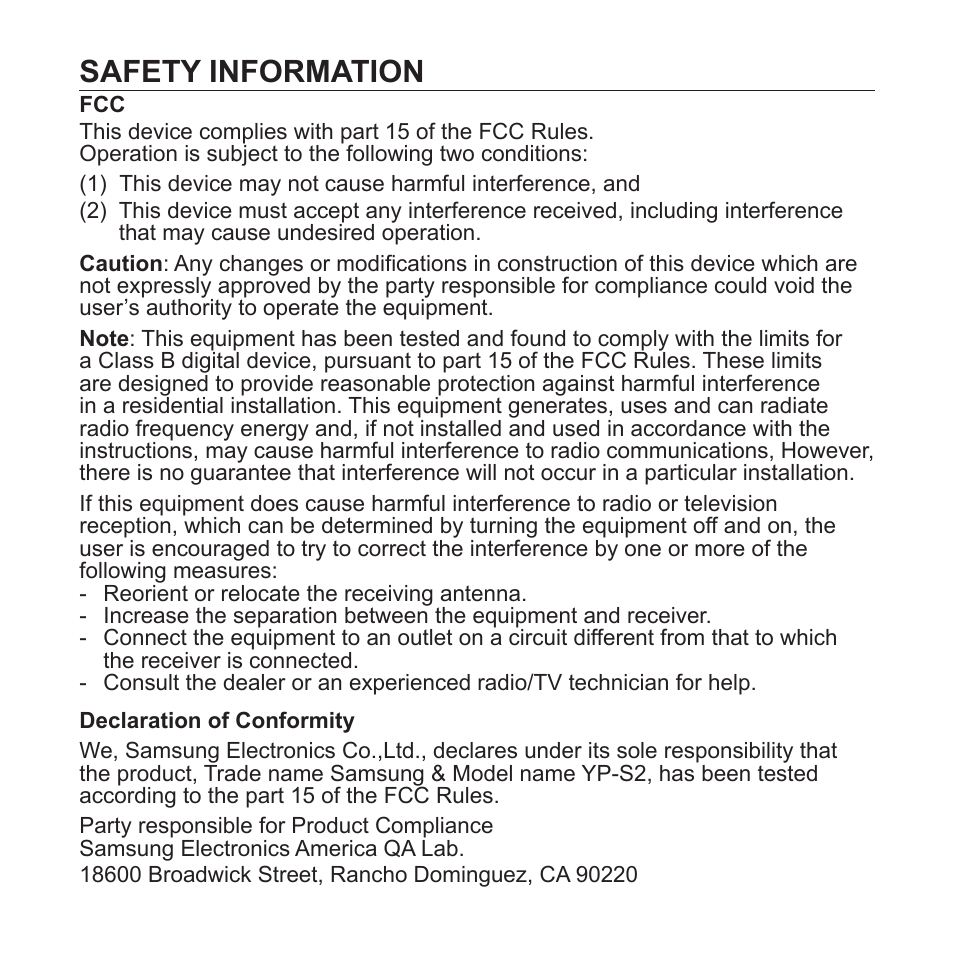 Safety information | Samsung YP-S2QU-XAA User Manual | Page 6 / 38