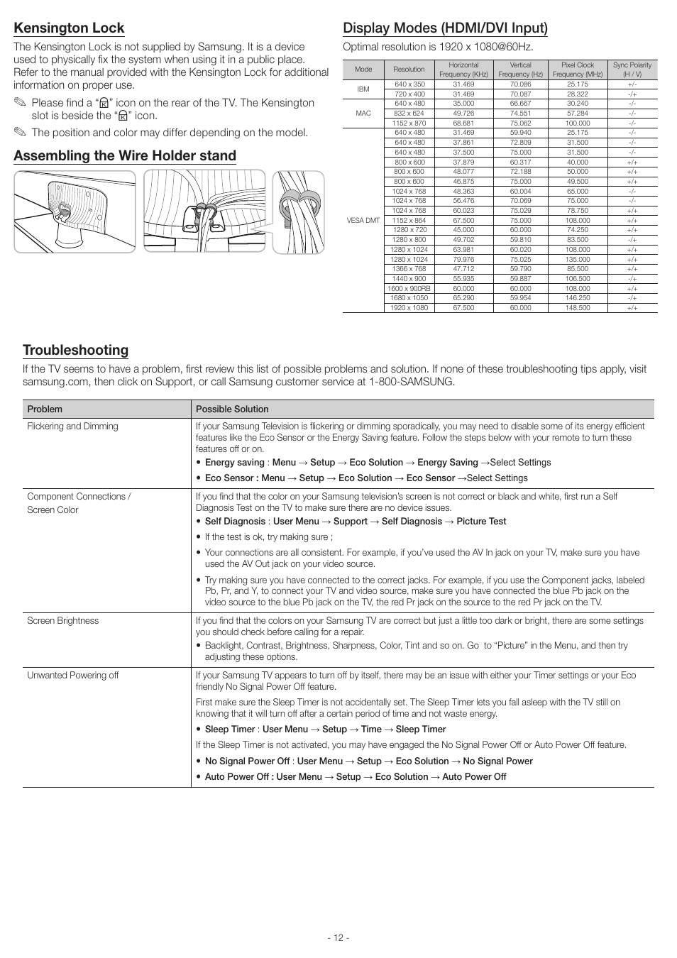 Troubleshooting, Kensington lock | Samsung UN46EH6000FXZA User Manual | Page 12 / 16