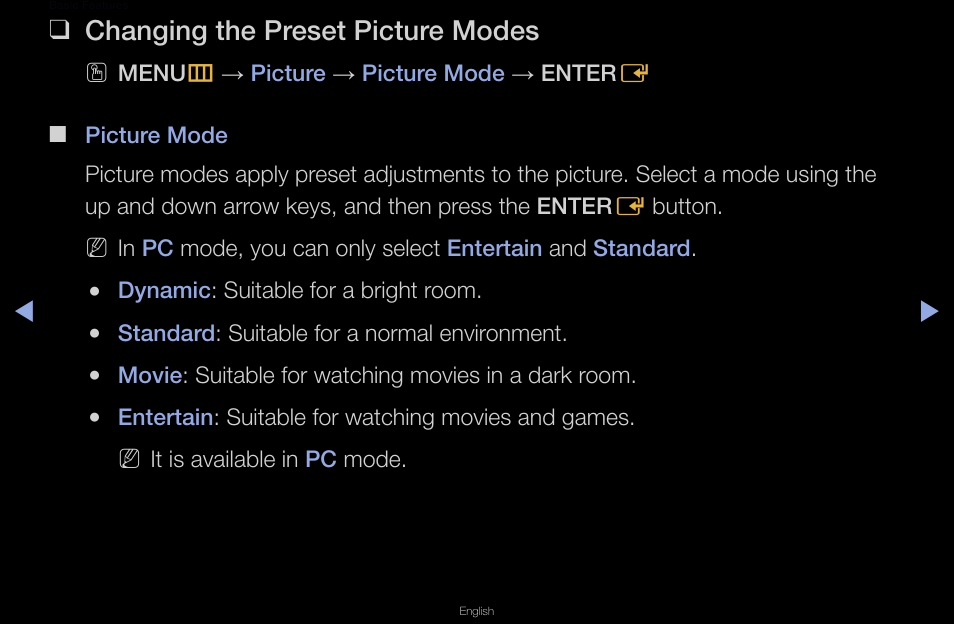 Basic features, Changing the preset picture modes | Samsung LT23A350ND-ZA User Manual | Page 30 / 155