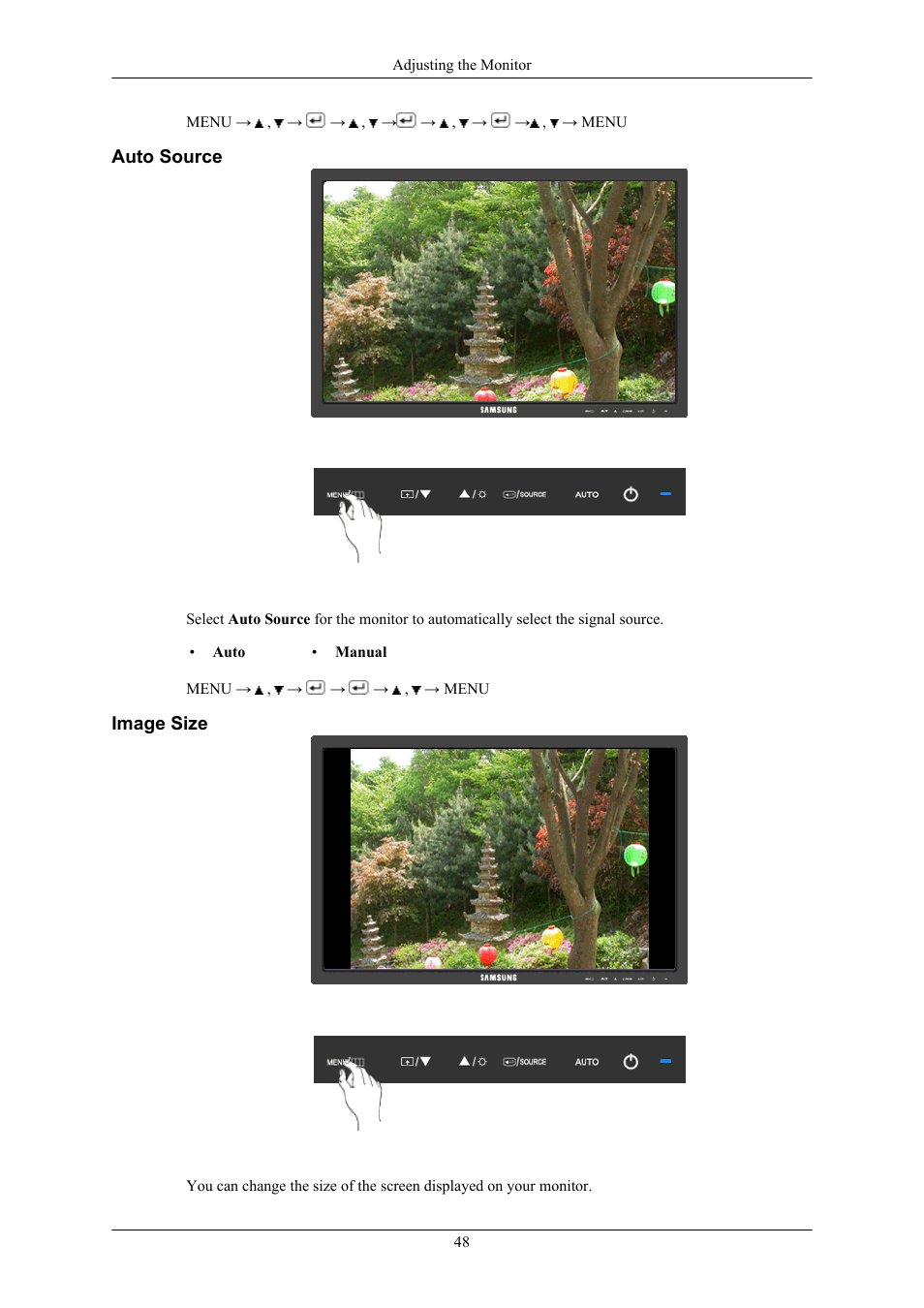 Auto source, Image size | Samsung LS19MYKEB7-XAA User Manual | Page 49 / 71
