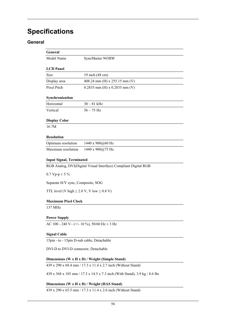 Specifications, General | Samsung LS19MYKEB7-XAA User Manual | Page 57 / 71