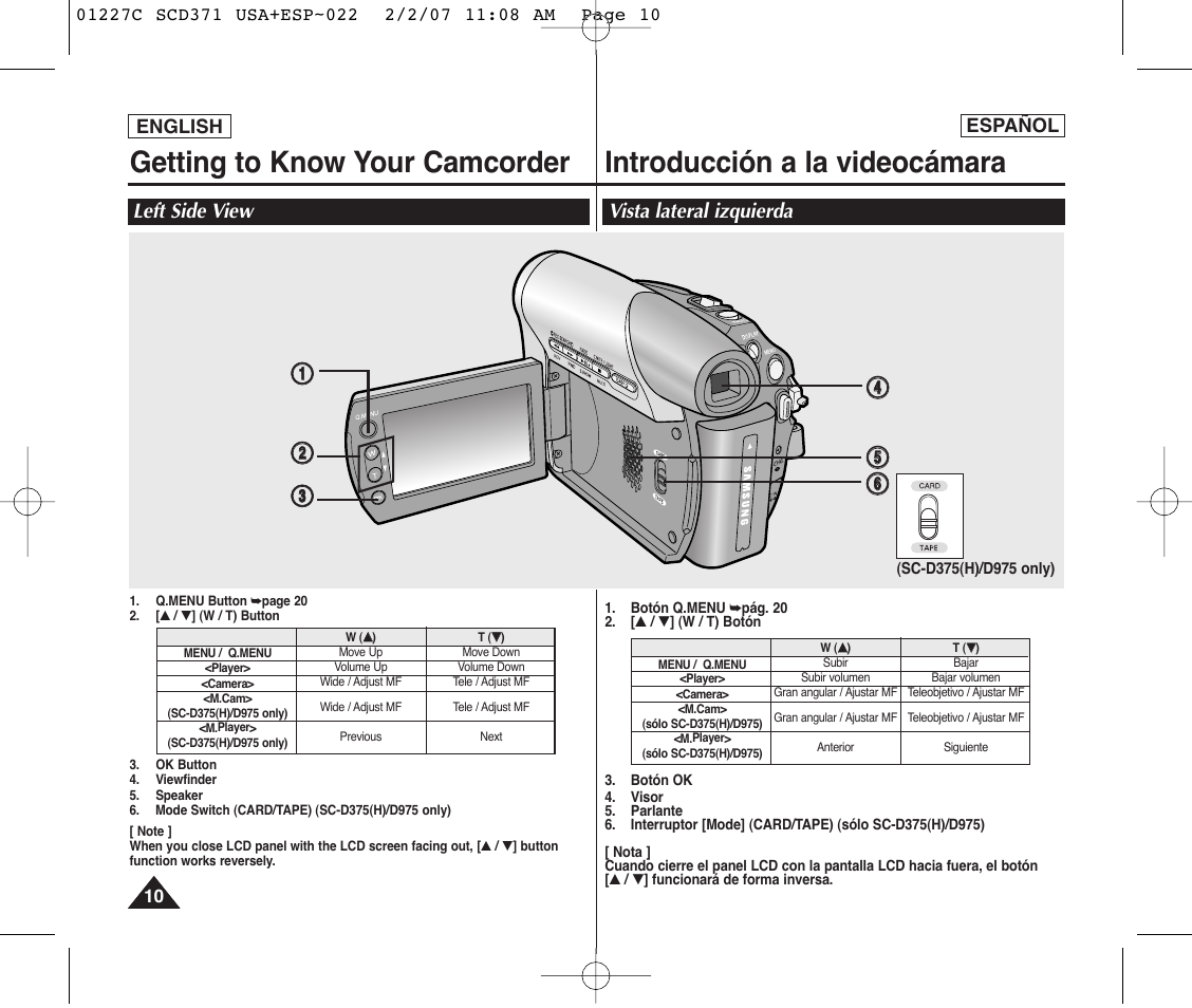 Getting to know your camcorder, Introducción a la videocámara, Left side view | Vista lateral izquierda | Samsung SC-D375-XAP User Manual | Page 10 / 110