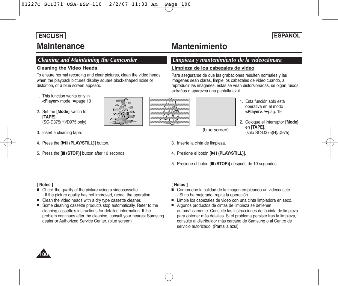 Maintenance, Mantenimiento, Cleaning and maintaining the camcorder | Limpieza y mantenimiento de la videocámara | Samsung SC-D375-XAP User Manual | Page 100 / 110