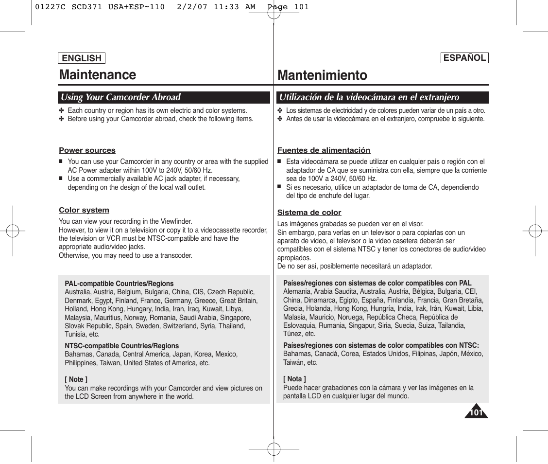 Maintenance, Mantenimiento | Samsung SC-D375-XAP User Manual | Page 101 / 110