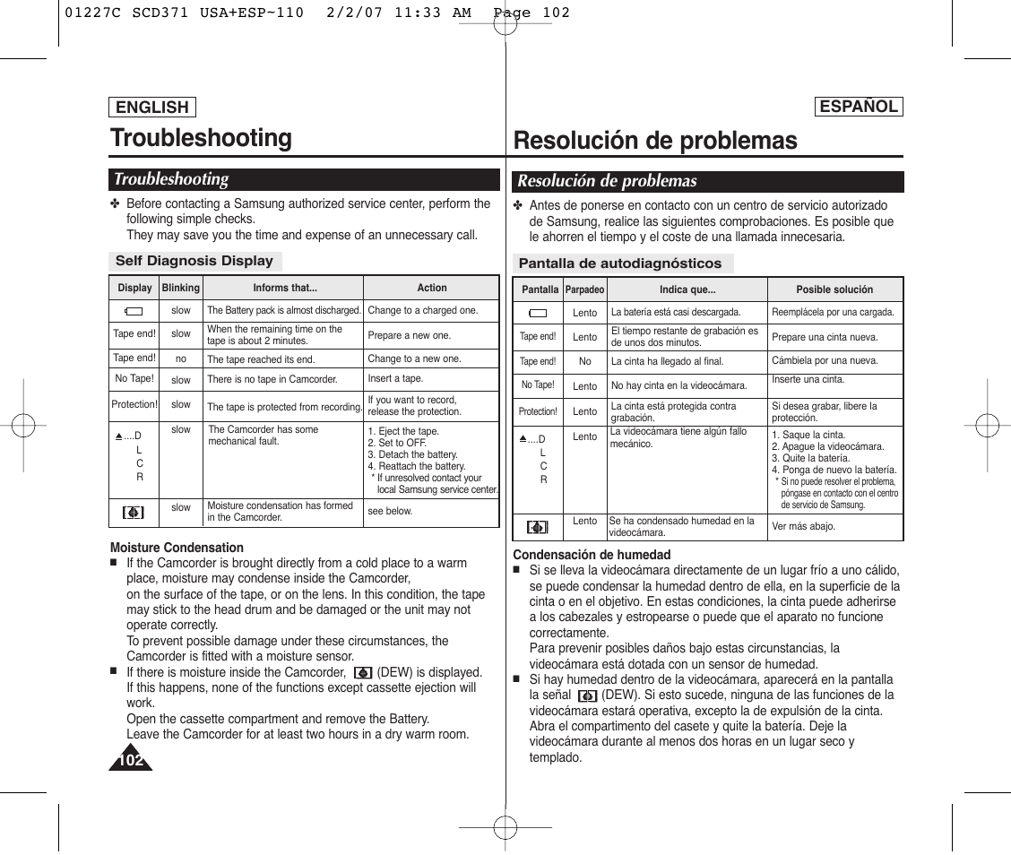 Troubleshooting, Resolución de problemas, English español | Samsung SC-D375-XAP User Manual | Page 102 / 110