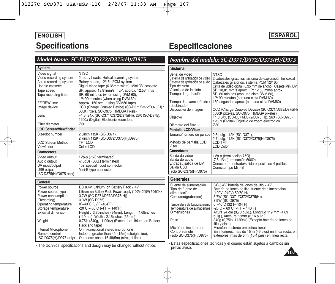 Specifications, Especificaciones | Samsung SC-D375-XAP User Manual | Page 107 / 110