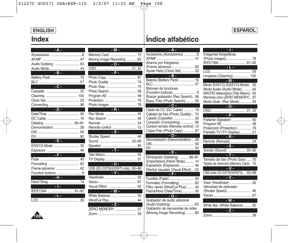 Index índice alfabético | Samsung SC-D375-XAP User Manual | Page 108 / 110