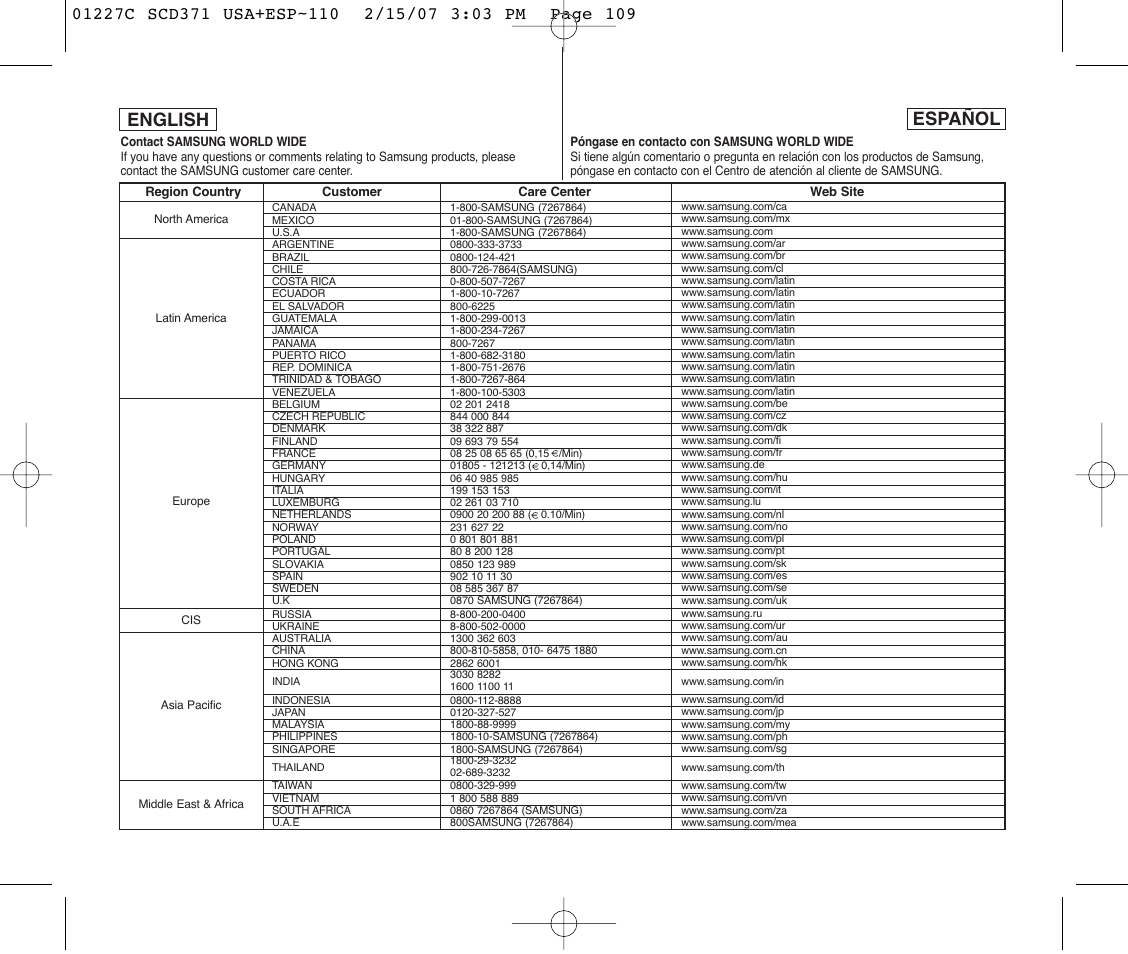 Español english | Samsung SC-D375-XAP User Manual | Page 109 / 110