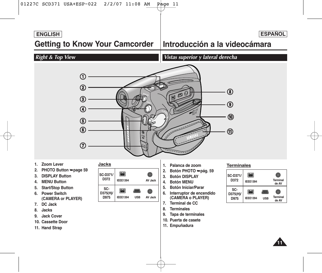 Getting to know your camcorder, Introducción a la videocámara | Samsung SC-D375-XAP User Manual | Page 11 / 110