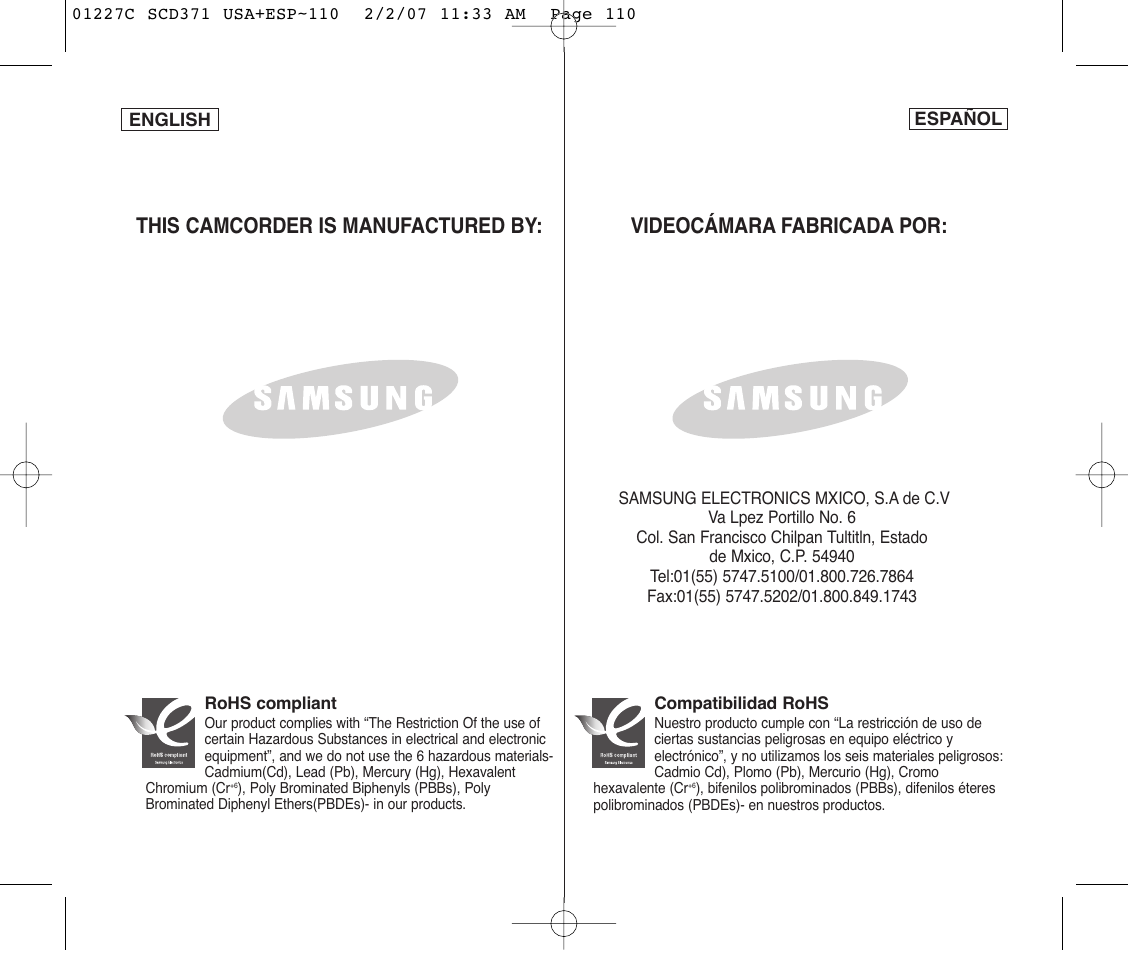 This camcorder is manufactured by, Videocámara fabricada por | Samsung SC-D375-XAP User Manual | Page 110 / 110