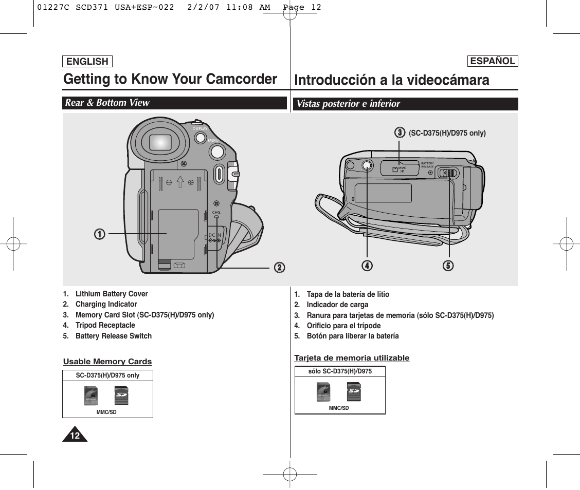 Getting to know your camcorder, Introducción a la videocámara | Samsung SC-D375-XAP User Manual | Page 12 / 110