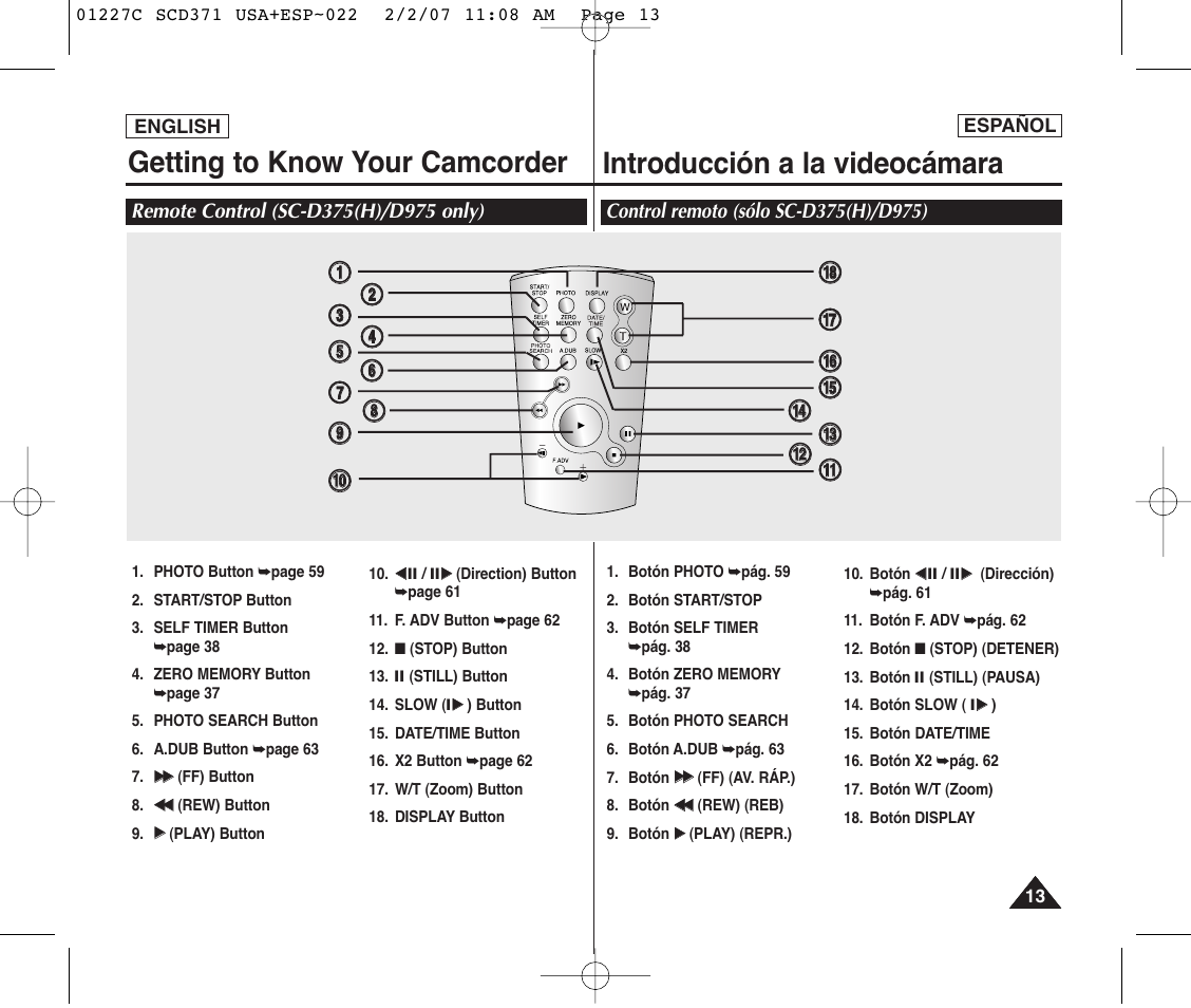 Getting to know your camcorder, Introducción a la videocámara | Samsung SC-D375-XAP User Manual | Page 13 / 110