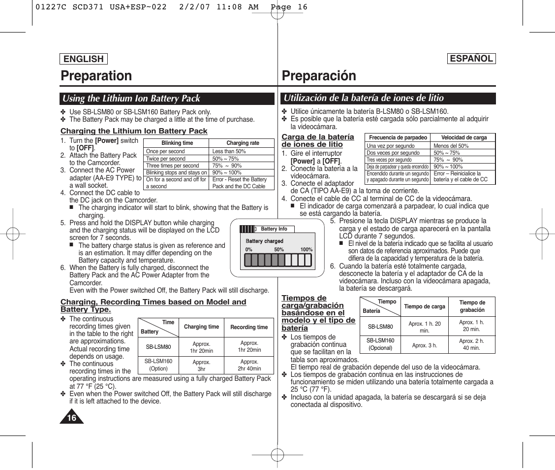 Preparation, Preparación, Using the lithium ion battery pack | Utilización de la batería de iones de litio, English, Español | Samsung SC-D375-XAP User Manual | Page 16 / 110