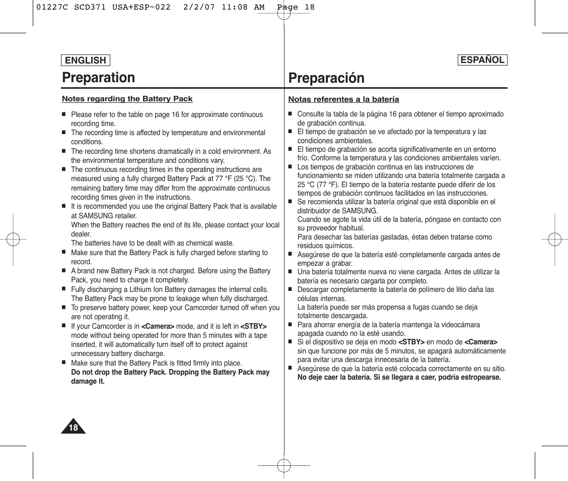 Preparation, Preparación, English | Español | Samsung SC-D375-XAP User Manual | Page 18 / 110