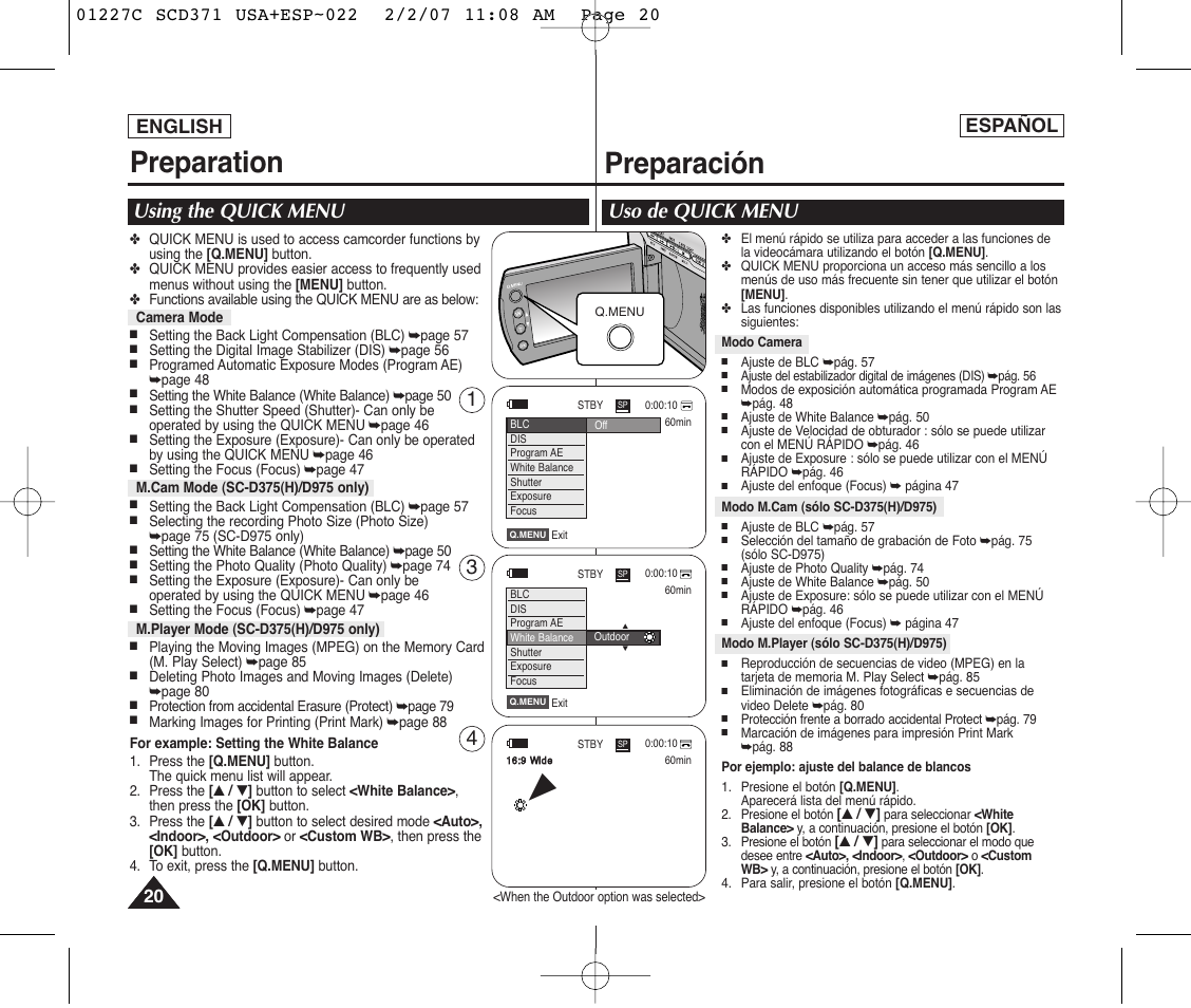 Preparation, Preparación, Using the quick menu | Uso de quick menu, English, Español | Samsung SC-D375-XAP User Manual | Page 20 / 110