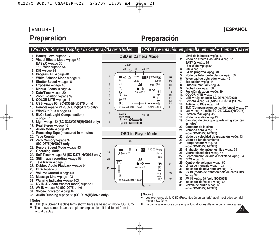Preparation, Preparación, Osd (on screen display) in camera/player modes | English, Español, Osd in camera mode osd in player mode | Samsung SC-D375-XAP User Manual | Page 21 / 110