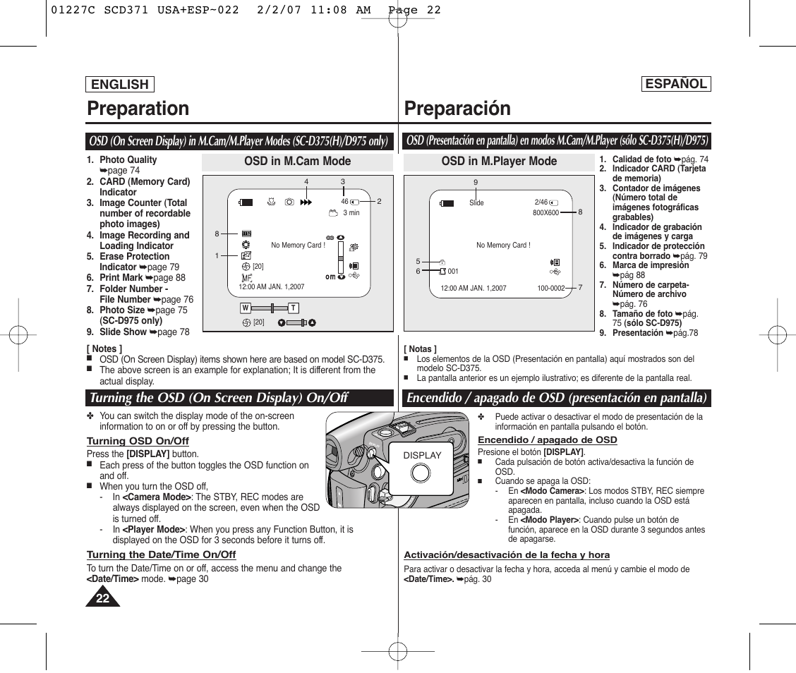 Preparation, Preparación, Turning the osd (on screen display) on/off | English, Español | Samsung SC-D375-XAP User Manual | Page 22 / 110