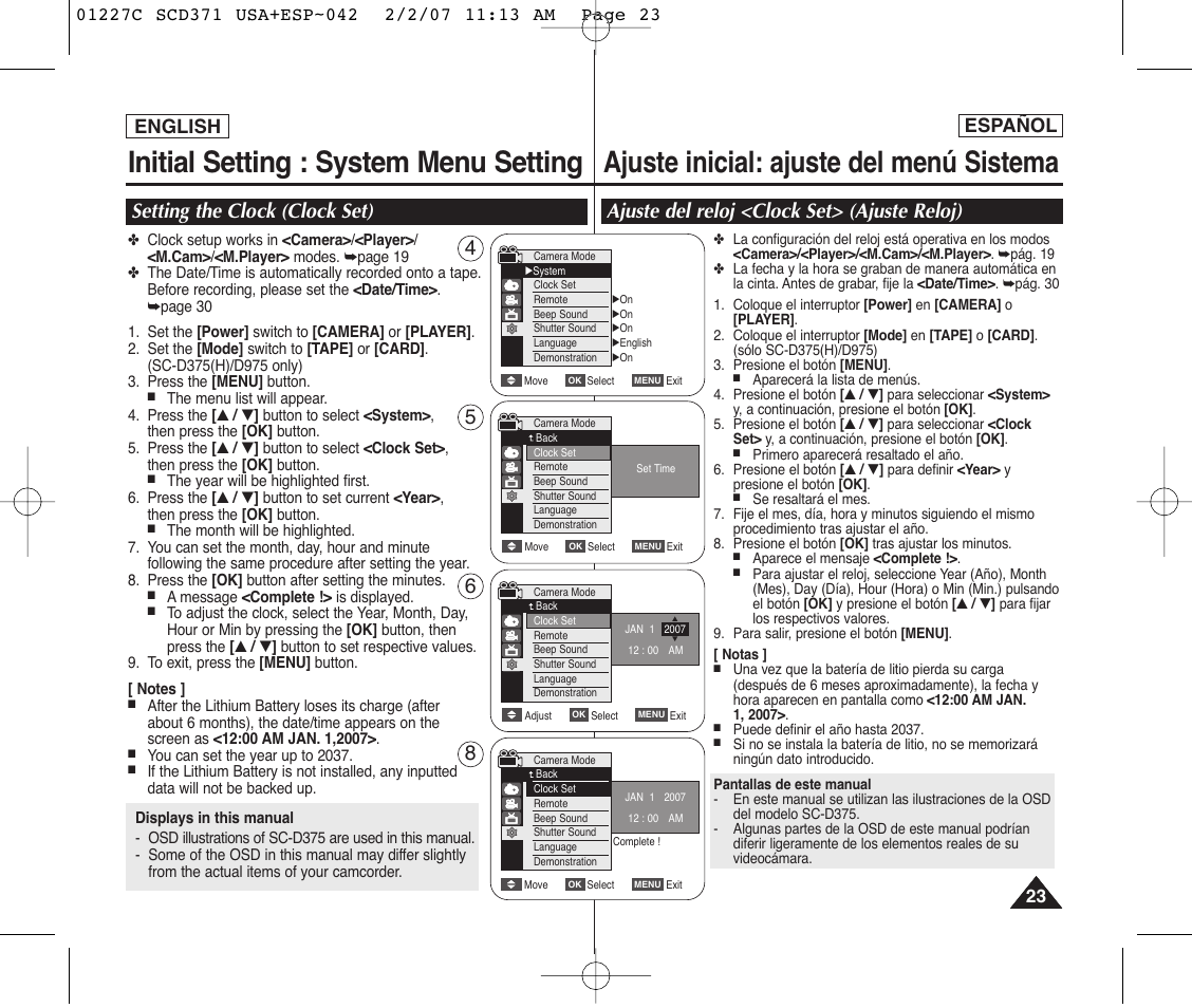 Initial setting : system menu setting, Ajuste inicial: ajuste del menú sistema, Setting the clock (clock set) | Ajuste del reloj <clock set> (ajuste reloj), English español | Samsung SC-D375-XAP User Manual | Page 23 / 110