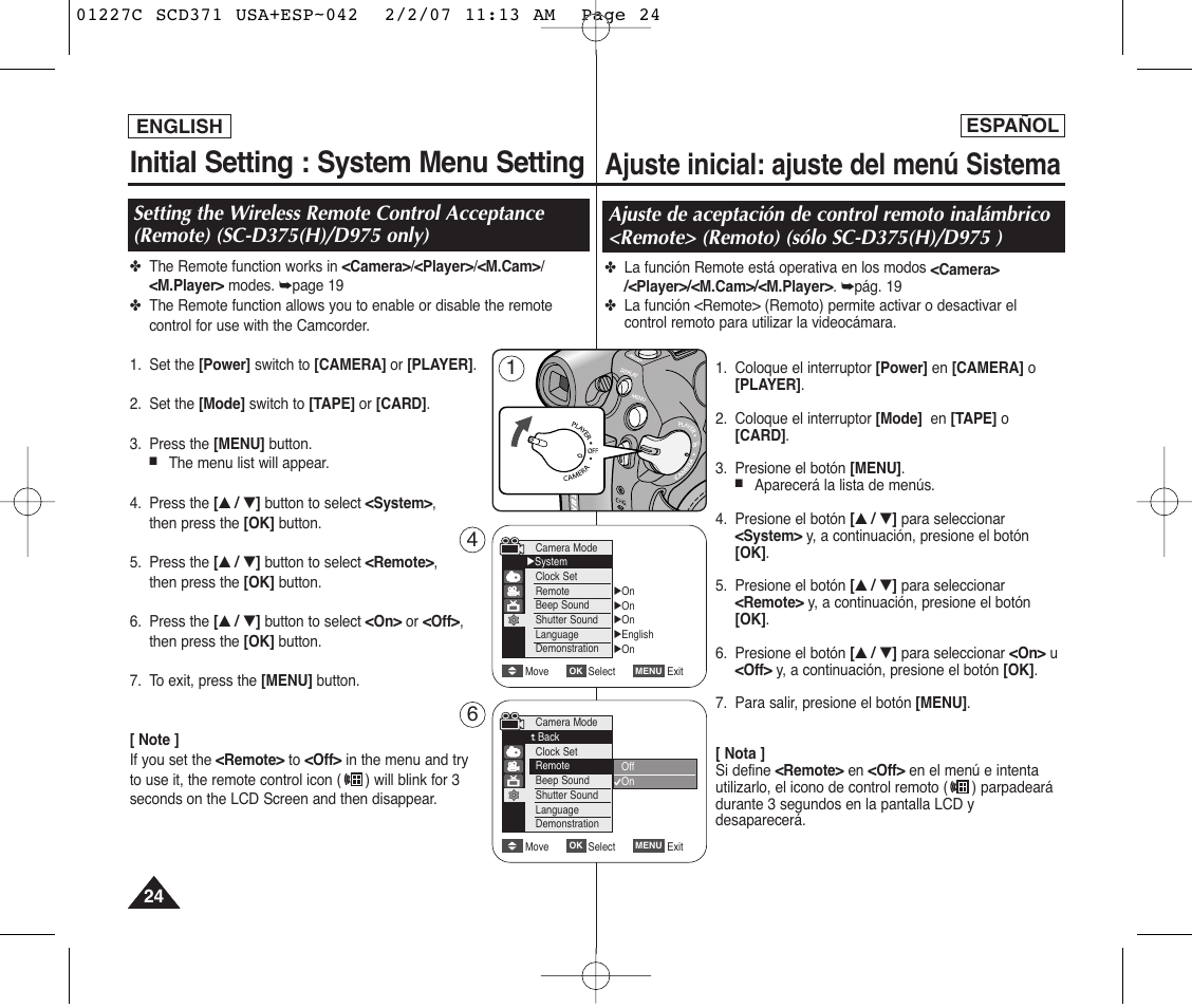 Initial setting : system menu setting, Ajuste inicial: ajuste del menú sistema | Samsung SC-D375-XAP User Manual | Page 24 / 110