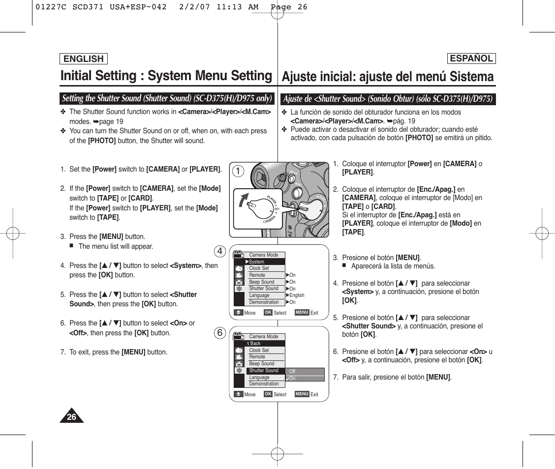 Initial setting : system menu setting, Ajuste inicial: ajuste del menú sistema | Samsung SC-D375-XAP User Manual | Page 26 / 110