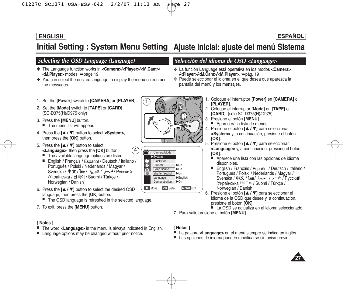 Initial setting : system menu setting, Ajuste inicial: ajuste del menú sistema, Selecting the osd language (language) | 41 selección del idioma de osd <language | Samsung SC-D375-XAP User Manual | Page 27 / 110