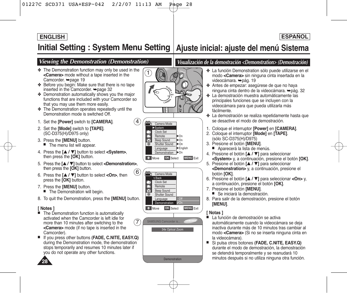 Initial setting : system menu setting, Ajuste inicial: ajuste del menú sistema, Viewing the demonstration (demonstration) | English español | Samsung SC-D375-XAP User Manual | Page 28 / 110