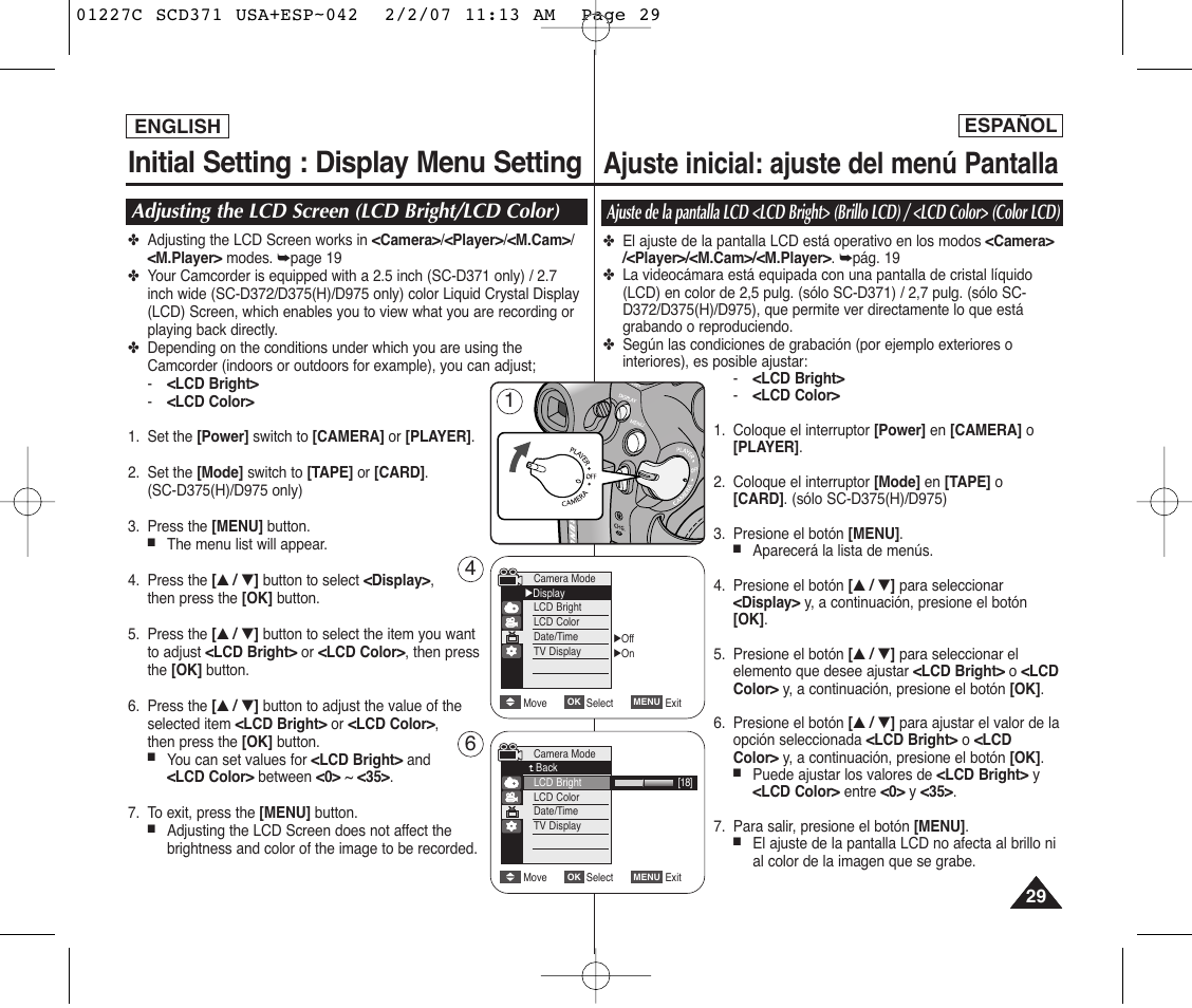 Initial setting : display menu setting, Ajuste inicial: ajuste del menú pantalla, Adjusting the lcd screen (lcd bright/lcd color) | Samsung SC-D375-XAP User Manual | Page 29 / 110