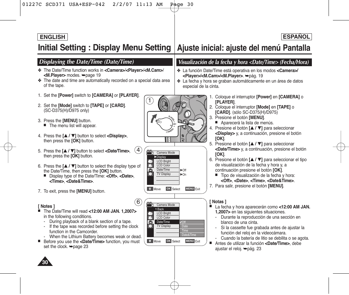 Initial setting : display menu setting, Ajuste inicial: ajuste del menú pantalla, Displaying the date/time (date/time) | Samsung SC-D375-XAP User Manual | Page 30 / 110