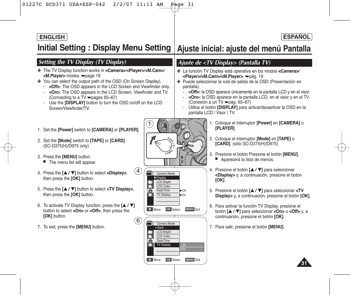 Initial setting : display menu setting, Ajuste inicial: ajuste del menú pantalla, Setting the tv display (tv display) | Ajuste de <tv display> (pantalla tv) | Samsung SC-D375-XAP User Manual | Page 31 / 110