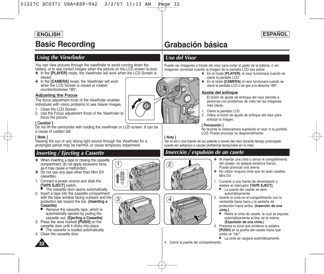 Basic recording, Grabación básica, Uso del visor inserción / expulsión de un casete | Samsung SC-D375-XAP User Manual | Page 32 / 110