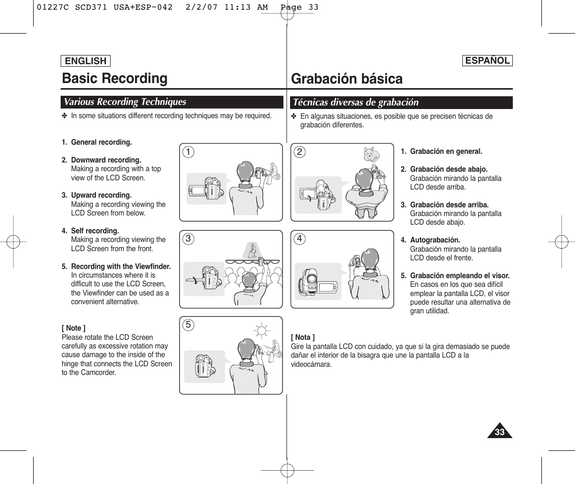 Basic recording, Grabación básica | Samsung SC-D375-XAP User Manual | Page 33 / 110