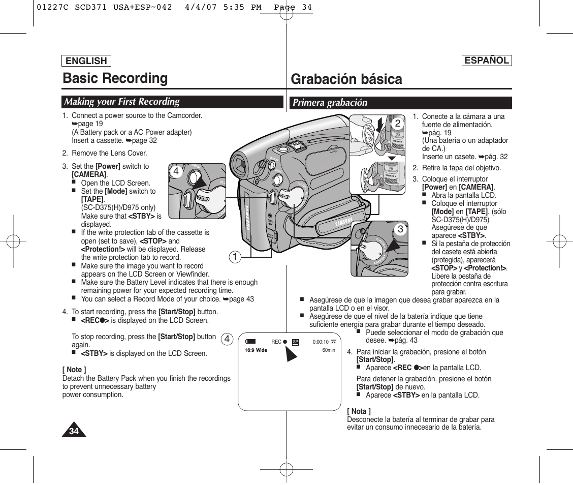 Basic recording, Grabación básica, Making your first recording | Primera grabación 2 | Samsung SC-D375-XAP User Manual | Page 34 / 110