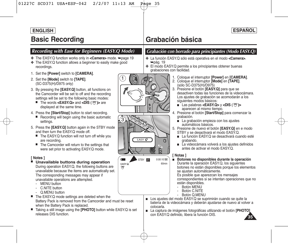 Basic recording, Grabación básica, Recording with ease for beginners (easy.q mode) | Samsung SC-D375-XAP User Manual | Page 35 / 110