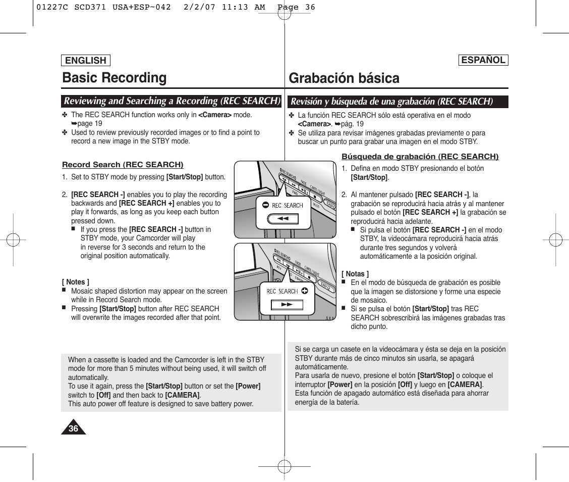 Basic recording, Grabación básica | Samsung SC-D375-XAP User Manual | Page 36 / 110