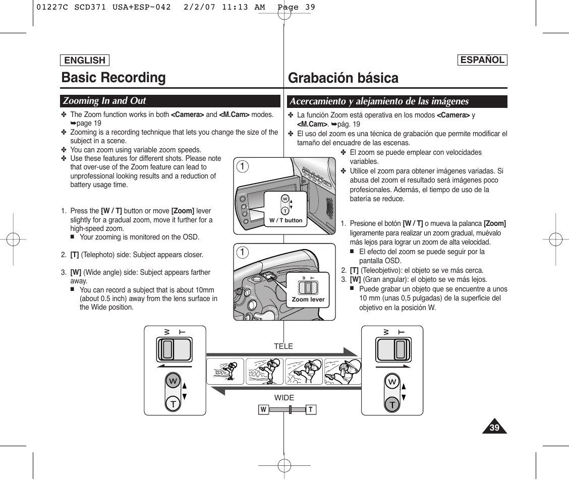 Basic recording, Grabación básica | Samsung SC-D375-XAP User Manual | Page 39 / 110