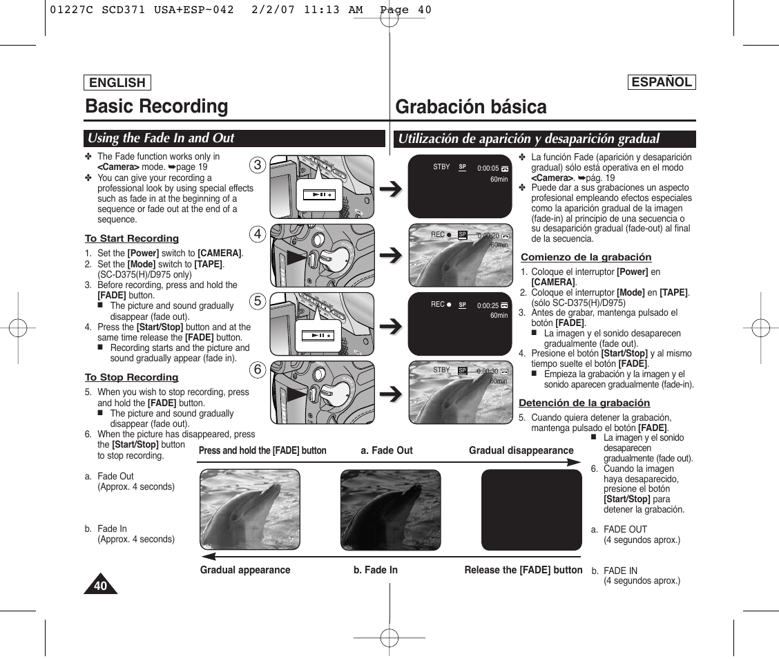 Basic recording, Grabación básica | Samsung SC-D375-XAP User Manual | Page 40 / 110