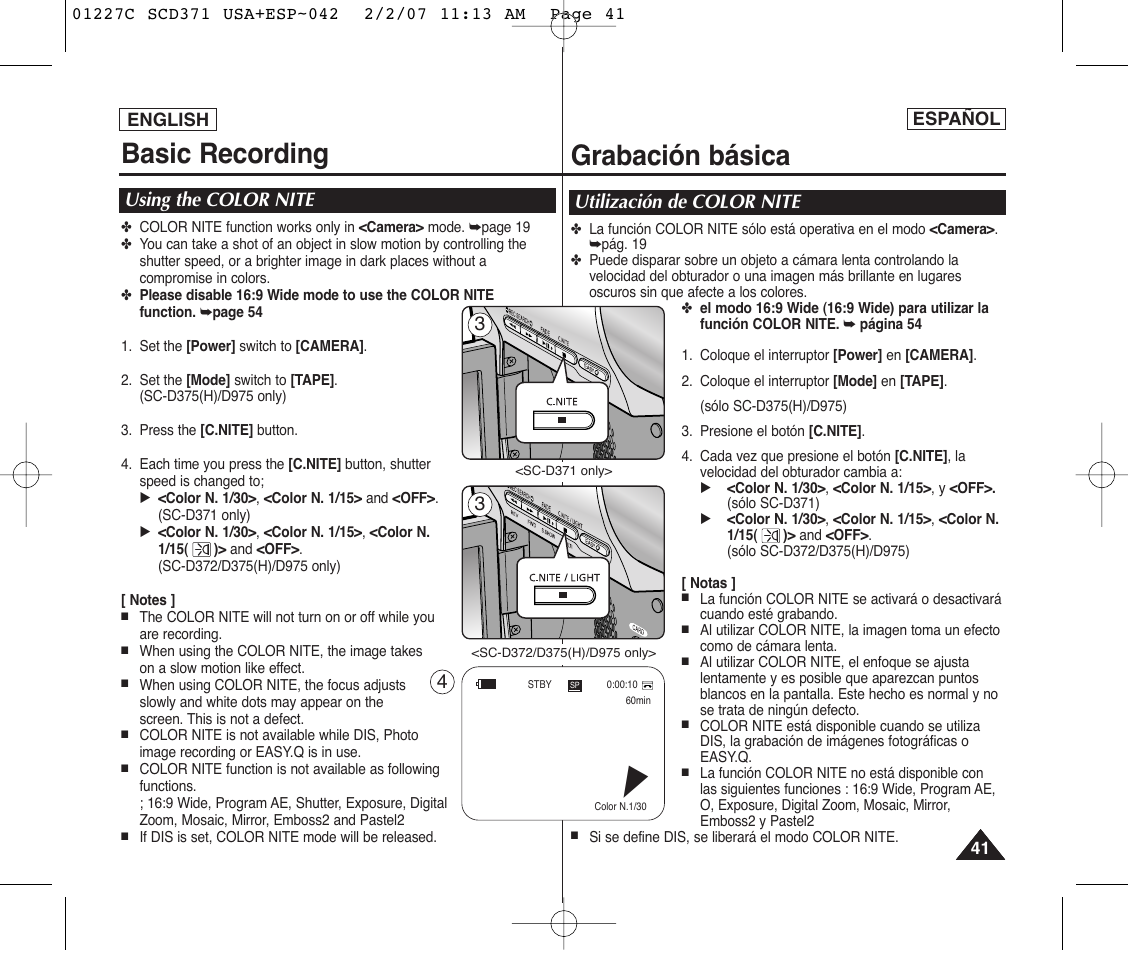 Basic recording, Grabación básica, Using the color nite | Utilización de color nite | Samsung SC-D375-XAP User Manual | Page 41 / 110