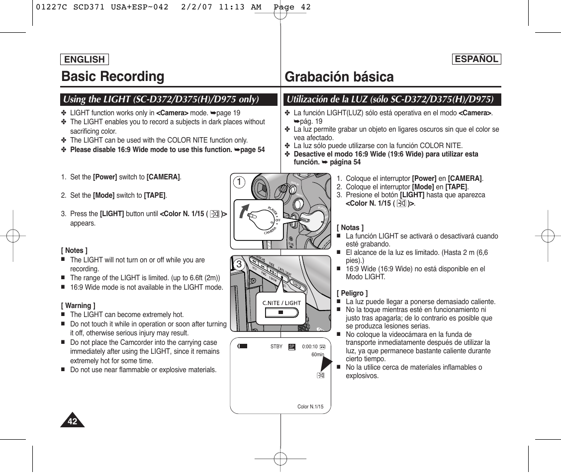 Basic recording, Grabación básica | Samsung SC-D375-XAP User Manual | Page 42 / 110