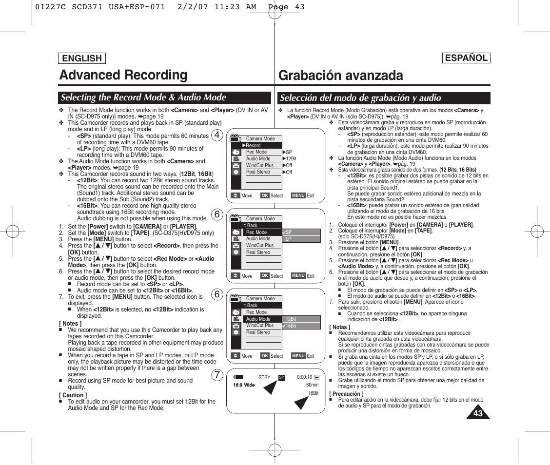 Advanced recording, Grabación avanzada, Selecting the record mode & audio mode | Selección del modo de grabación y audio, English, Español | Samsung SC-D375-XAP User Manual | Page 43 / 110