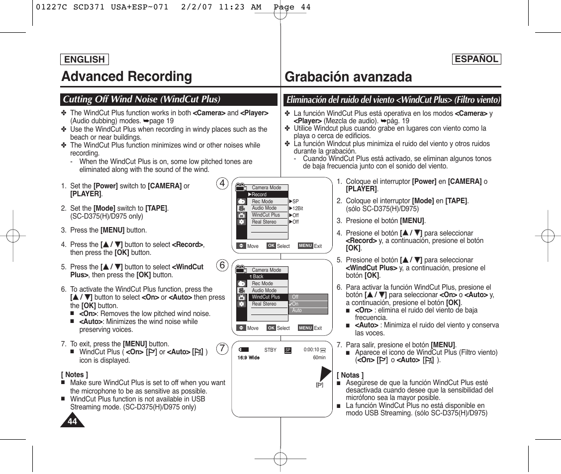 Advanced recording, Grabación avanzada, Cutting off wind noise (windcut plus) | English, Español | Samsung SC-D375-XAP User Manual | Page 44 / 110