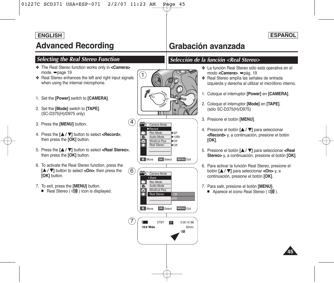 Advanced recording, Grabación avanzada, Selecting the real stereo function | Selección de la función <real stereo, English, Español | Samsung SC-D375-XAP User Manual | Page 45 / 110