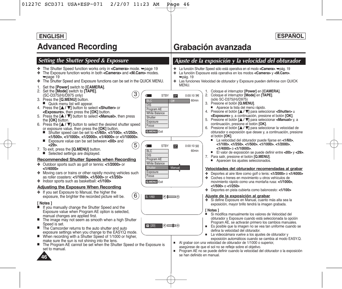 Advanced recording, Grabación avanzada, Setting the shutter speed & exposure | English, Español | Samsung SC-D375-XAP User Manual | Page 46 / 110
