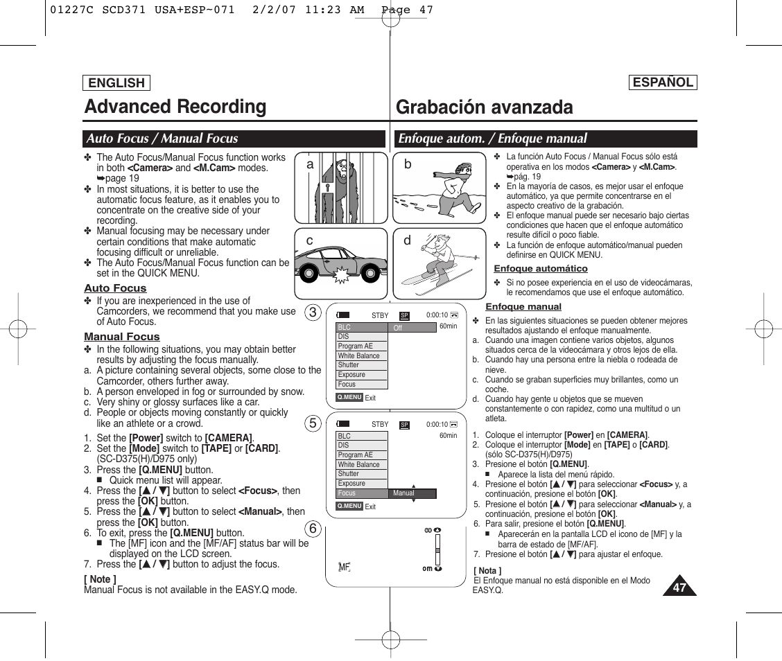 Advanced recording, Grabación avanzada, Enfoque autom. / enfoque manual | English, Español | Samsung SC-D375-XAP User Manual | Page 47 / 110