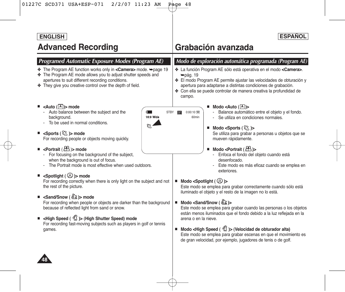 Advanced recording, Grabación avanzada, Programed automatic exposure modes (program ae) | Samsung SC-D375-XAP User Manual | Page 48 / 110