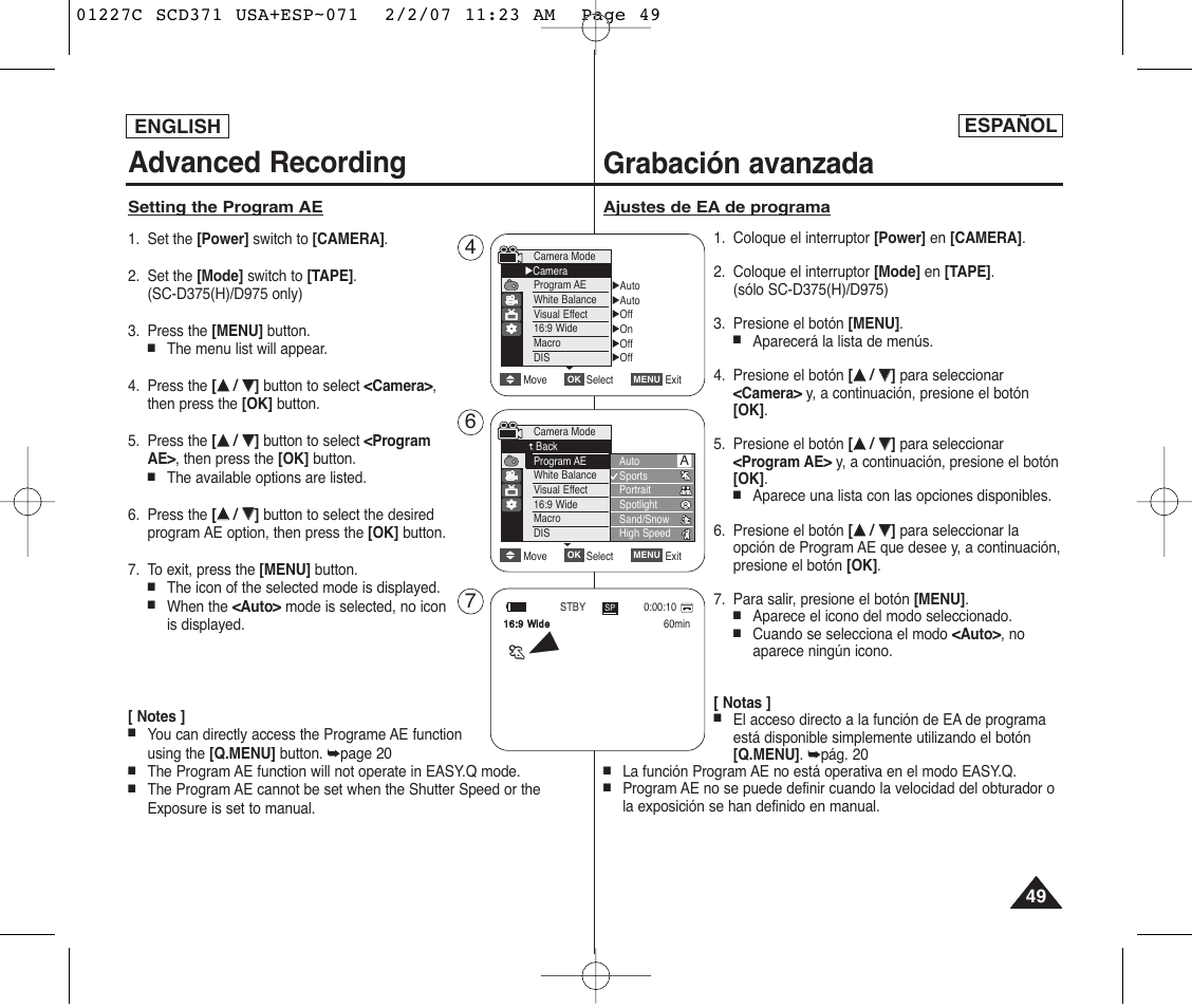 Advanced recording, Grabación avanzada, English | Español | Samsung SC-D375-XAP User Manual | Page 49 / 110