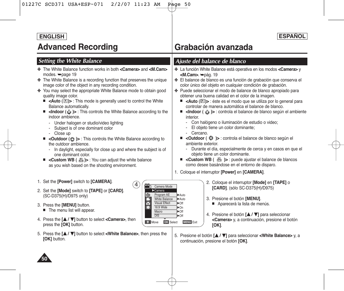 Advanced recording, Grabación avanzada, Setting the white balance | Ajuste del balance de blanco, English, Español | Samsung SC-D375-XAP User Manual | Page 50 / 110