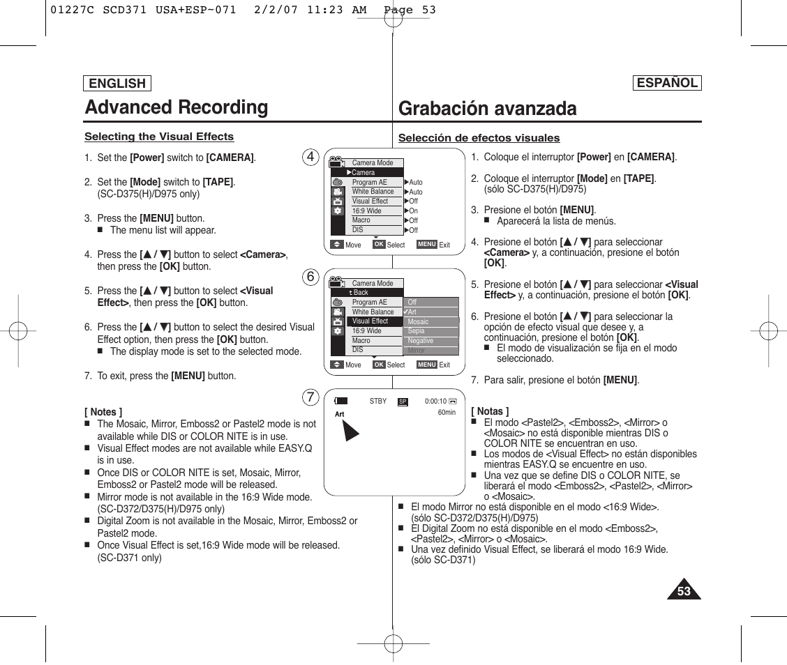 Advanced recording, Grabación avanzada, English | Español | Samsung SC-D375-XAP User Manual | Page 53 / 110